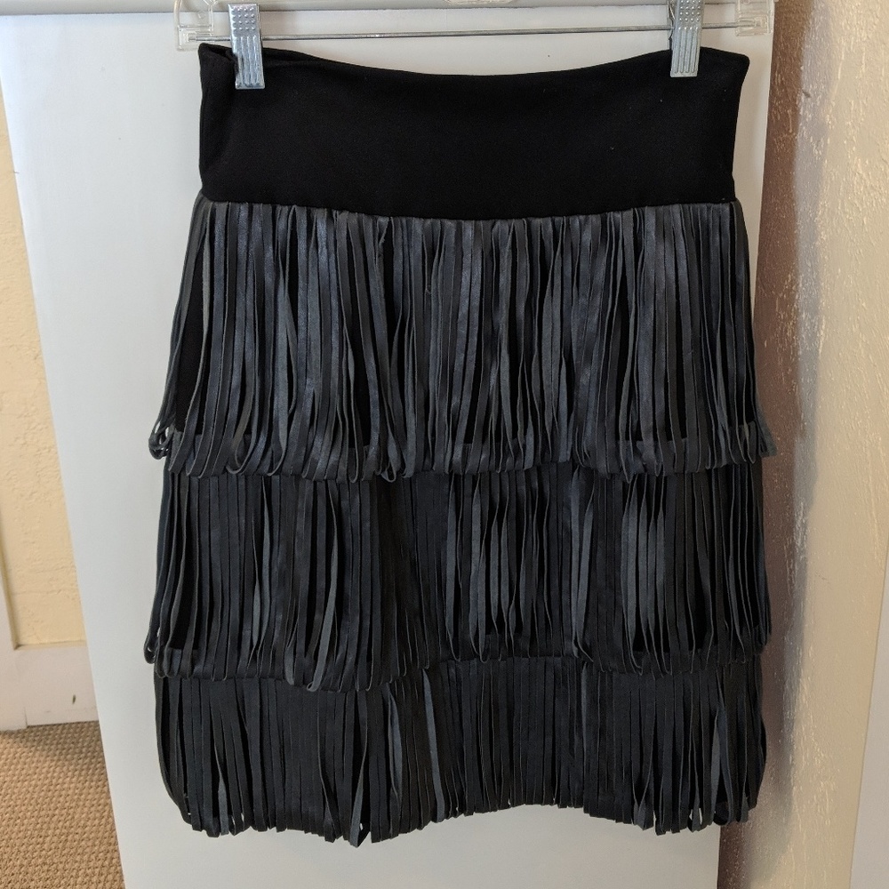 Cool black leather fringe skirt, sz 6
